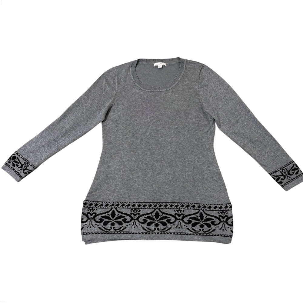 Studio Works Womens Gray Black Damask Border Print Long‎ Sleeve Tunic Sweater M